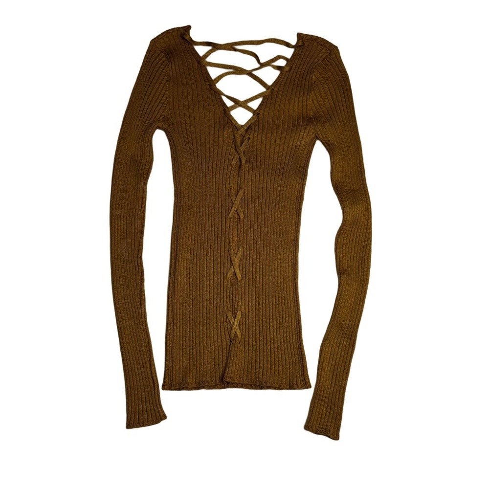 Ambiance Apparel Gold Ribbed Sweater Size Small Features A Lace Up Back NWT - Picture 7 of 9
